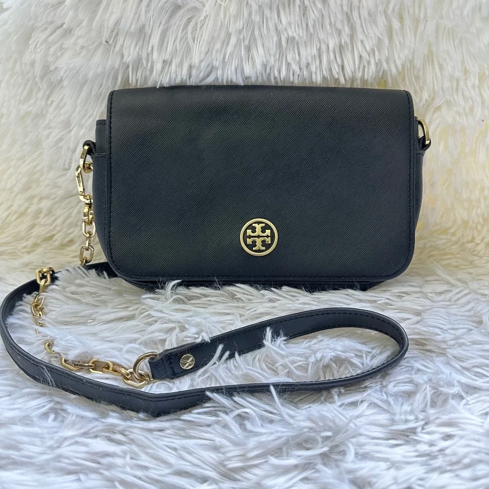 Tory Burch Black Saffiano Leather Mini Crossbody Clutch Convertible Chain Bag